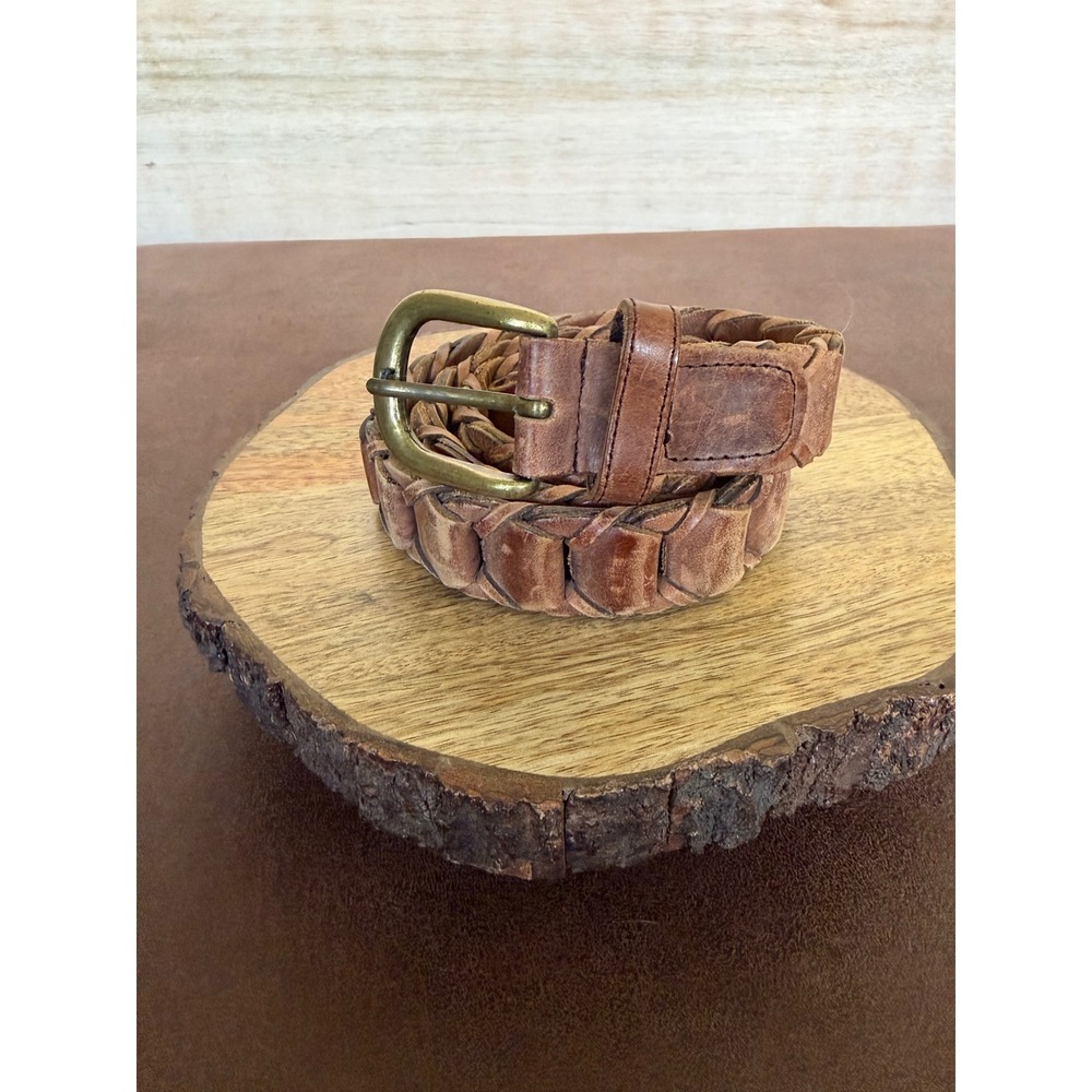 Vintage Braided Brown Genuine Leather Belt Brass Buckle Size 34 798DLK